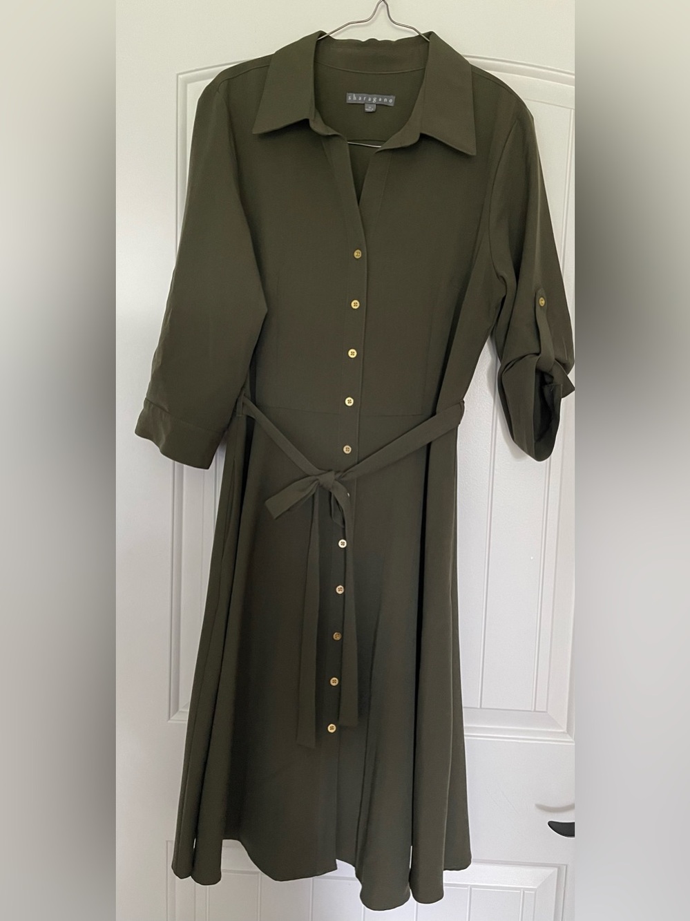 Sharagano Army Green Button-Front Tie-Waist Dress Worn Once